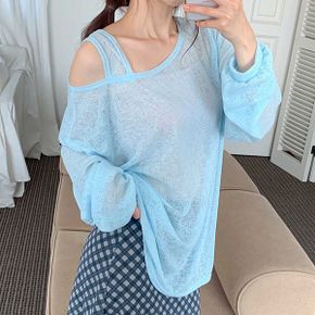 어깨 트임 긴팔 롱티셔츠 오프숄더 루즈핏 썸머 니트 휴양지룩_P430829511