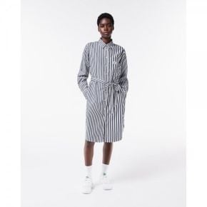 4816033 Lacoste Oversized Striped Cotton Poplin Shirt Dress - Navy Blue / White