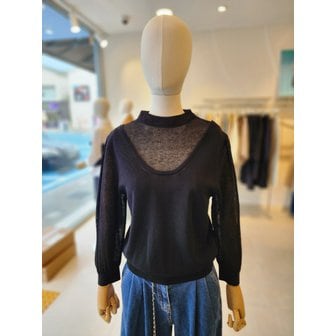 JJ지고트 [여주점] (JJ 지고트) 여성  시스루 배색 백 버튼 풀오버 니트 GR4A1POR41