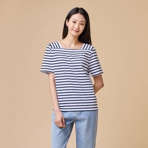 여 코튼 실켓 스퀘어넥 스트라이프 티셔츠(OFF WHITE / DARK NAVY / LIGHT PINK)