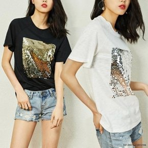 여성 스팽글 반팔티 블링 캐쥬얼 티셔츠 (8408968A)