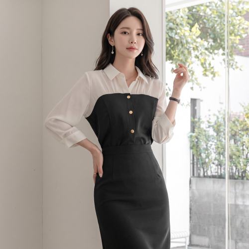 세련된 배색 카라넥 7부 블라우스 클래식 여성 정장브라우스 하객룩
