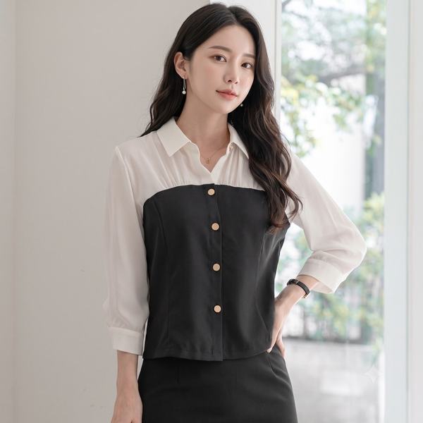확대된 대표 세련된 배색 카라넥 7부 블라우스 클래식 여성 정장브라우스 하객룩
