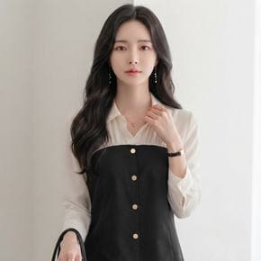 세련된 배색 카라넥 7부 블라우스 클래식 여성 정장브라우스 하객룩
