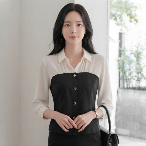 세련된 배색 카라넥 7부 블라우스 클래식 여성 정장브라우스 하객룩