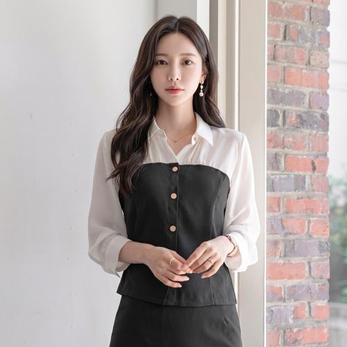 세련된 배색 카라넥 7부 블라우스 클래식 여성 정장브라우스 하객룩