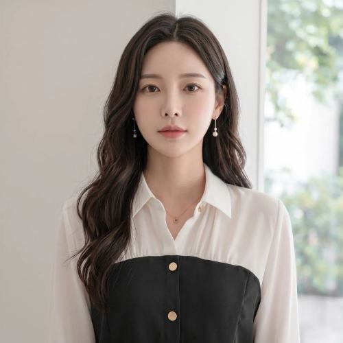 세련된 배색 카라넥 7부 블라우스 클래식 여성 정장브라우스 하객룩