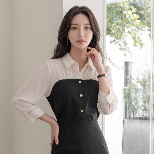세련된 배색 카라넥 7부 블라우스 클래식 여성 정장브라우스 하객룩