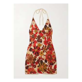 서 더 레이블 카스텔라 플로럴 프린트 리넨 홀터넥 미니 드레스 멀티컬러 46376663162888707