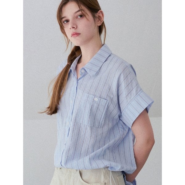 [스크런치 set] Aven string stripe shirt - Sky blue