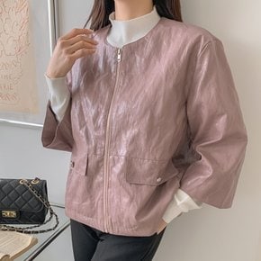 여성 퀼팅 가죽 노카라 팔부 스트링 봄 집업 자켓