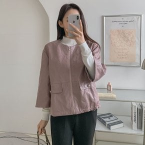 여성 퀼팅 가죽 노카라 팔부 스트링 봄 집업 자켓
