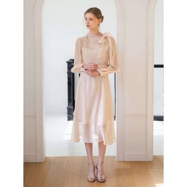 리본 타이 플레어 드레이프 밴딩 롱 원피스_2color