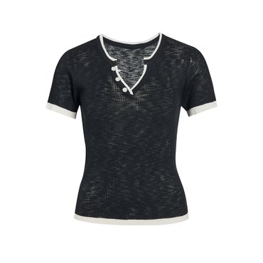 JJ지고트 V넥 배색 버튼 포인트 반팔 니트 GR7N1PO701