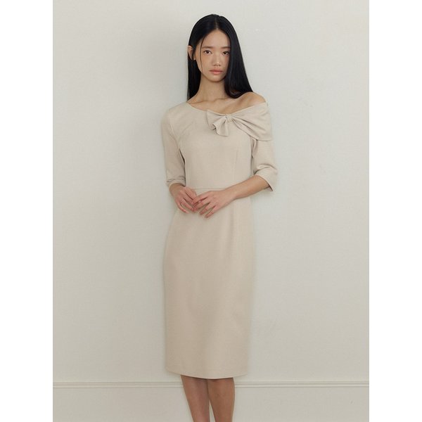 One-Shoulder Ribbon Drape Dress (beige)