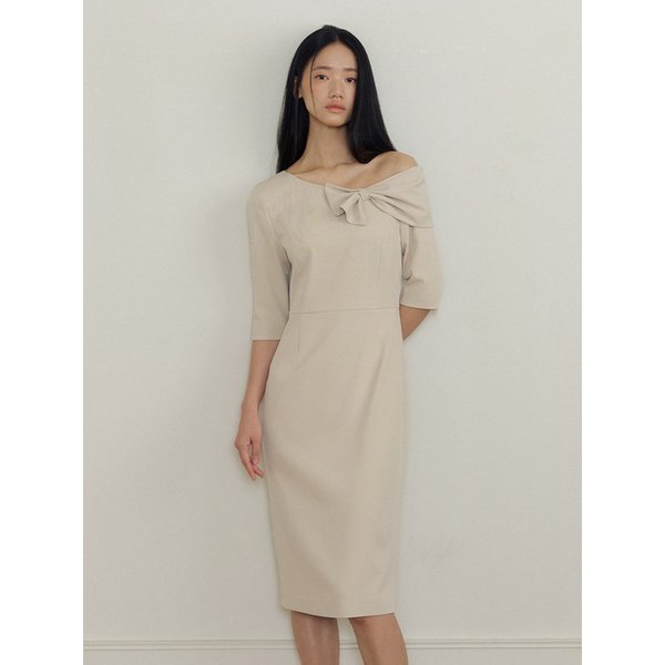 One-Shoulder Ribbon Drape Dress (beige)