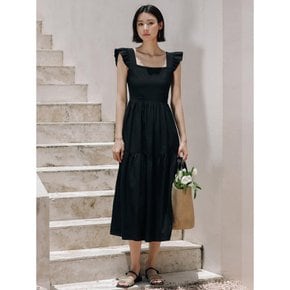 LS_Black square neck frill long dress