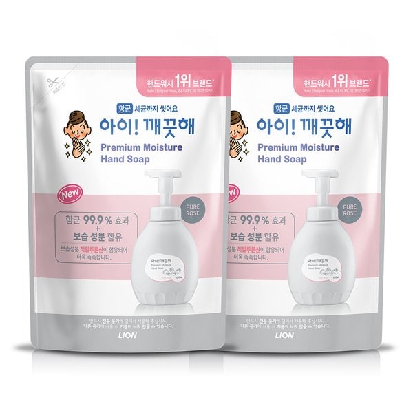 확대된 대표 세정력에 보습력까지 업그레이드한 아이깨끗해 프리미엄 모이스처핸드워시 퓨어로즈향 400ml리필x2개 구성 상품입니다.
