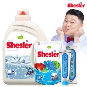 강호동의 쉬슬러 액상 세제 센스티브 3.05L 1개+세제리필 500ml 1개+치석케어 치약 100g 1개.