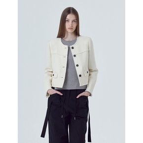 Cut-Off Button Tweed Jacket, Ivory