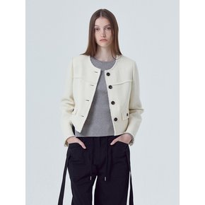 Cut-Off Button Tweed Jacket, Ivory