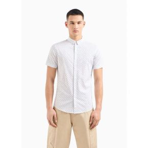 AX 아르마니 익스체인지 맨즈 슬림핏 Tonal Geo 로고 프린트 Button-Down 셔츠 - 솔리드 Whit 17