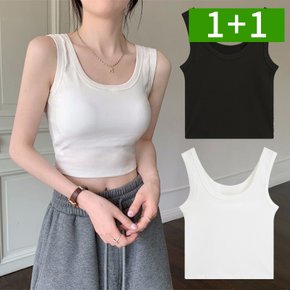 1+1 여름 여성 민소매 나시티 라운드 슬림 크롭 무지 티셔츠