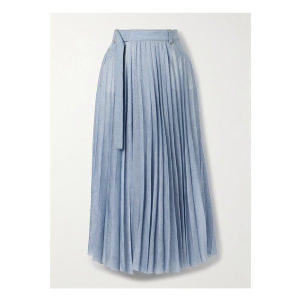 랩 이펙트 데님 패널 플리츠 크레이프 드 신 미디 스커트 46376663162869294