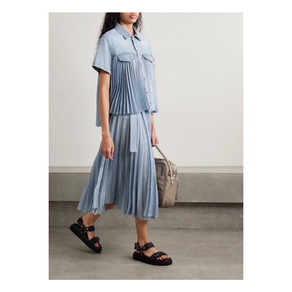 랩 이펙트 데님 패널 플리츠 크레이프 드 신 미디 스커트 46376663162869294