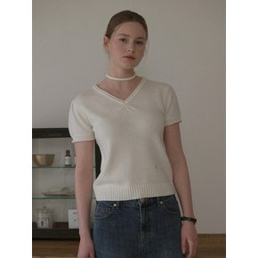 V NECK HALF SLEEVE PUFF KNIT [IVORY]