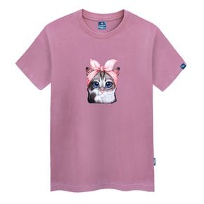 리본 고양이 라운드 반팔 티셔츠