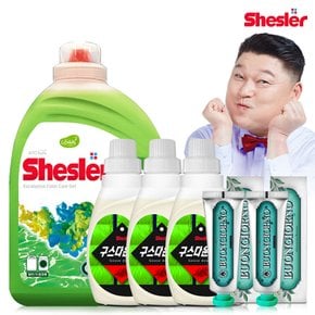 강호동의 쉬슬러 액상 세제 유칼립투스 3.05L 1개+구스다운워시전용 650ml 3개+구취케어 치약100g 2개.