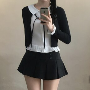 빅카라 일체형 카라 셔츠 리본 레이어드 로브 가디건2color