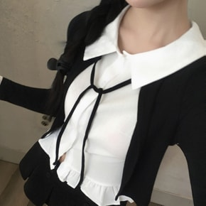 빅카라 일체형 카라 셔츠 리본 레이어드 로브 가디건2color