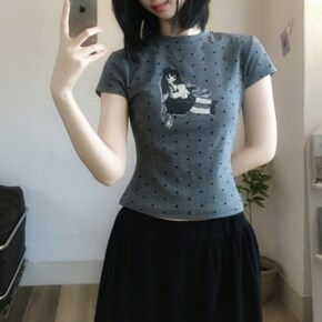 비쇼죠 도트 소녀 일러스트 슬림 크롭 캡소매 반팔티2color