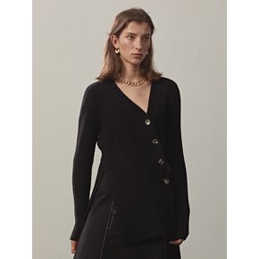 RIBBED-KNIT BUTTONED V-NECK CARDIGAN(BLACK)