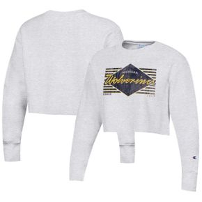 3984662 Champion Womens Heather Gray Michigan Wolverines Reverse WeaveCropped Pullover Swe