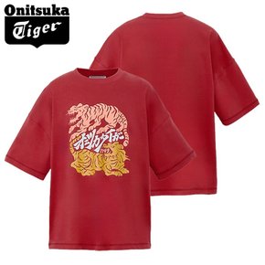 오니츠카타이거 남녀 공용 타이거 그래픽 반팔 티셔츠 버건디 2183B617.600