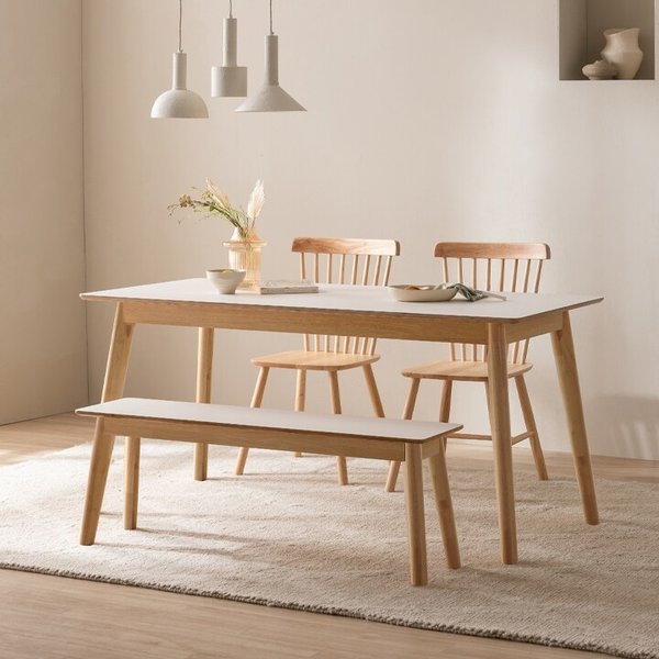 헤이몰리 로쉐 원목 와이드 4인 식탁세트 (의자+벤치) [착불]