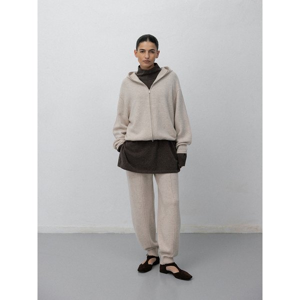 Wool cashmere hood zip up jacket_Bone
