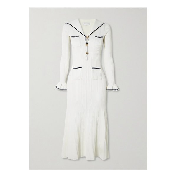 스트라이프 골지 니트 미디 드레스 화이트 1647597358034297