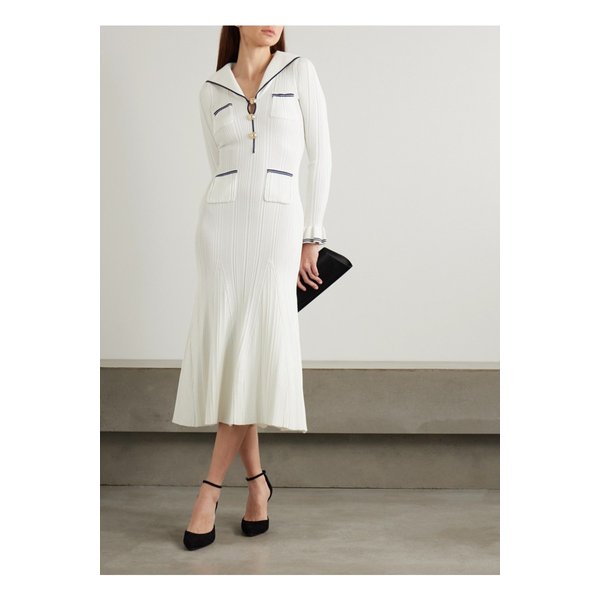 스트라이프 골지 니트 미디 드레스 화이트 1647597358034297