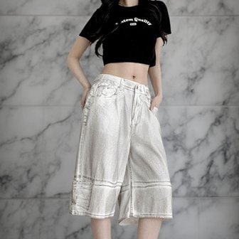  [옷자락] 여자 화이트 카고 썸머 버뮤다 와이드 반바지