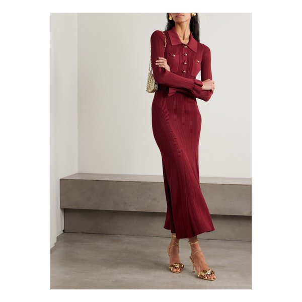 버튼 장식 골지 니트 미디 드레스 버건디 46376663162915071