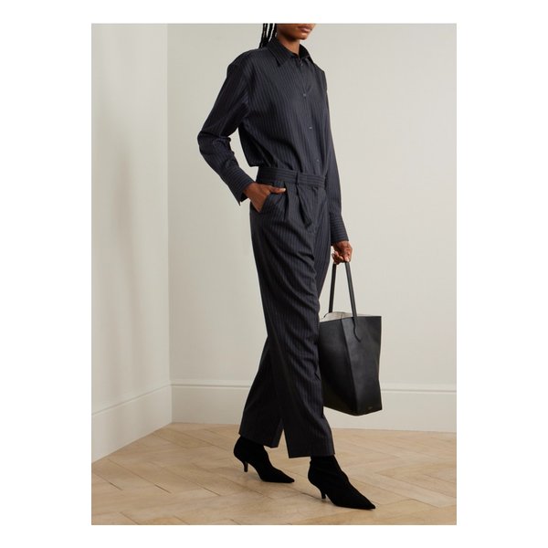 플리츠 핀스트라이프 울 혼방 테이퍼드 팬츠 네이비 1647597343134960