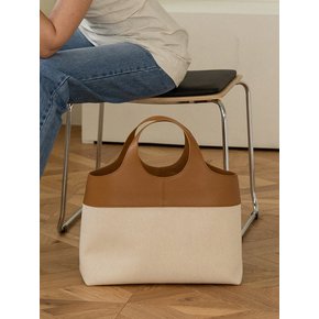 Italy Leather mixed Canvas Round Handle Tote Bag_ Ecru