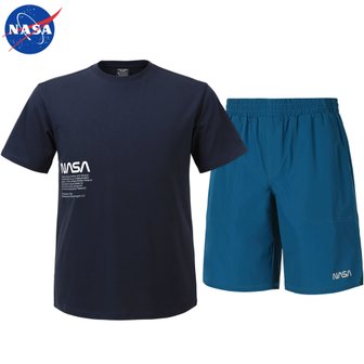 NASA 나사 남녀공용 면 라운드 반팔티+우븐 5부 반바지 상하세트 N-159UNV+N-055PGB 남자 여성 티셔츠 숏팬츠 여름바지 빅사이즈