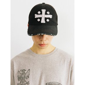 크로스 데미지드 데님 트러커 캡 [블랙]