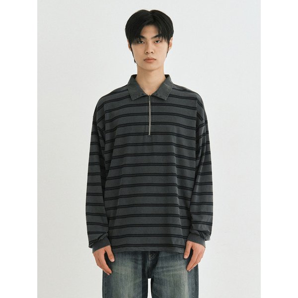 Vtg zip-up stripe polo shirt (vtg navy)