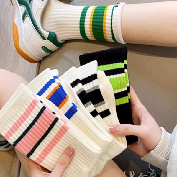 [옷자락] 여자 여름 캐주얼 스포티 배색 중목양말 5개 세트